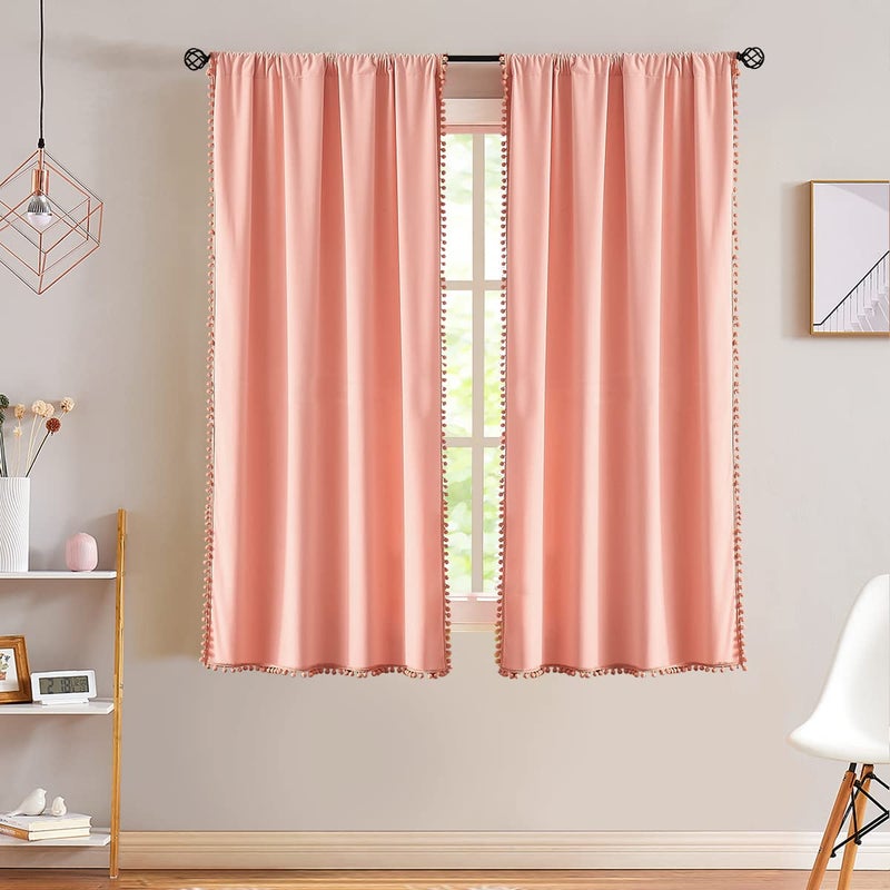 Treatmentex Velvet Blush Pink Curtains for Windows 63" Decorative Pom Pom Fringe Window Curtain Set for Girls Room Cotton Feel Soft, 1 Pair Coral - Image 1